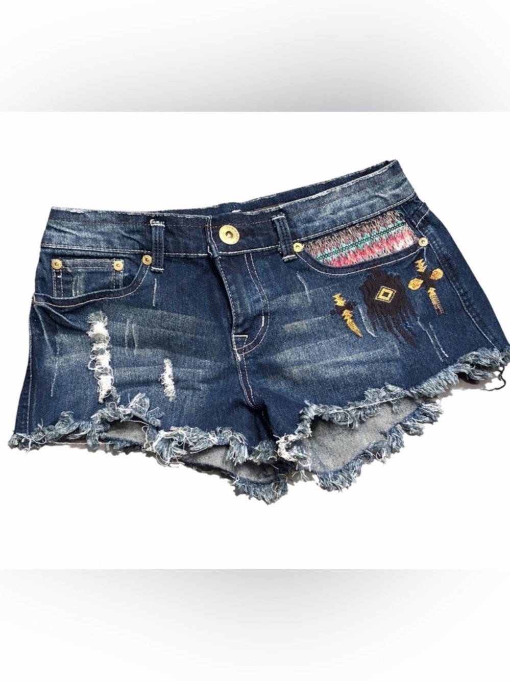 Seductions Distressed Denim Shorts Embroidered Raw Hem Low Rise Festival Size 5